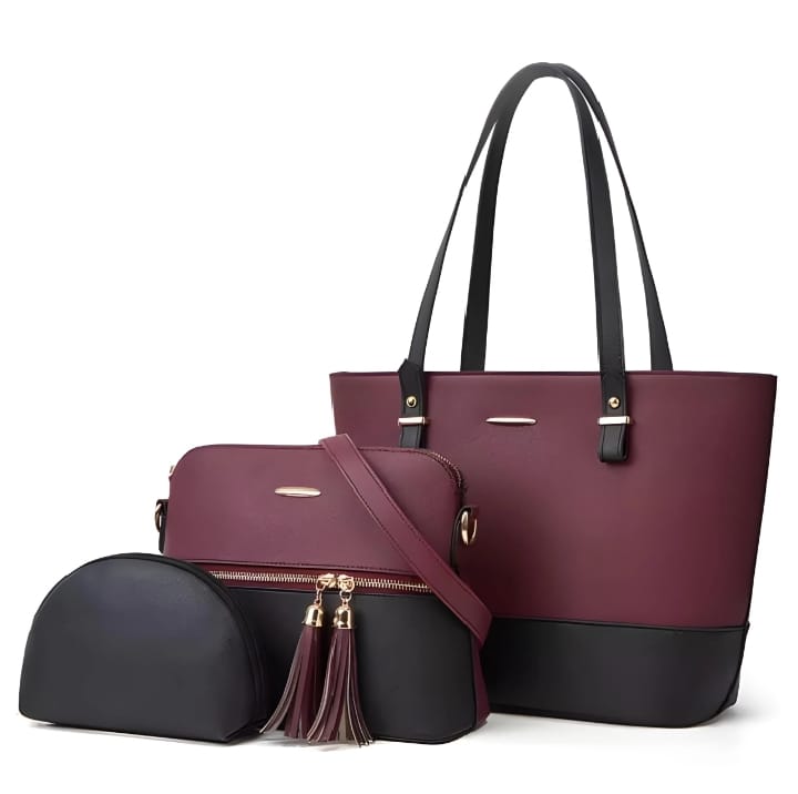 Beige & Black Women Leather Handbags Tote Bag Shoulder Bag Top Handle Satchel Purse Set 3 Pcs