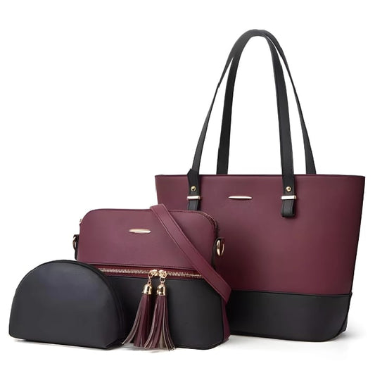 Mehroon & Black  Women Leather Handbags Tote Bag Shoulder Bag Top Handle Satchel Purse Set 3 Pcs