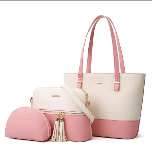 Pink & White Women Leather Handbags Tote Bag Shoulder Bag Top Handle Satchel Purse Set 3 Pcs