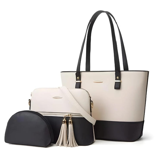 White & Black Women Leather Handbags Tote Bag Shoulder Bag Top Handle Satchel Purse Set 3 Pcs